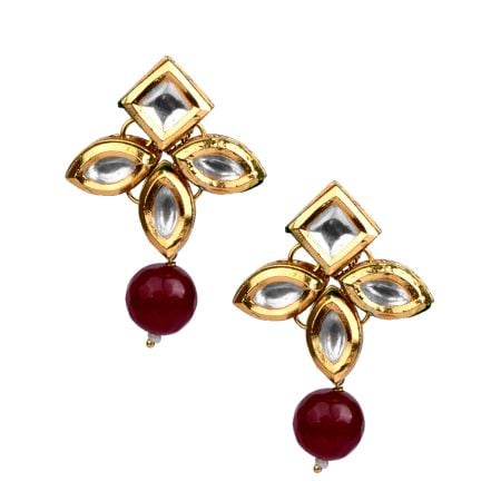 Square Mirror Petal Cluster Earrings with Red Bead Drop Pair